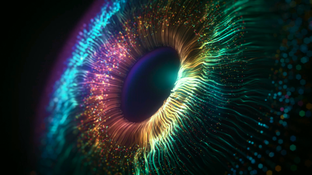 Digital generated image of a magnified eye pupil and iris in rainbow colours